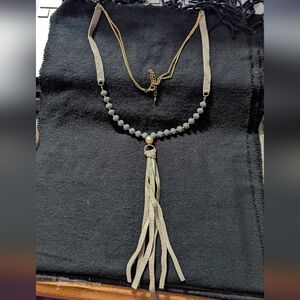 Gold Tone Grey Beaded Long Statement Necklace with Taupe Suede Tassel